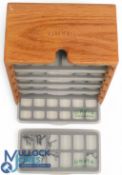 Orvis wood hook caddy with 6 plastic hook containers each 7 ¾