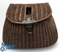 Early split reed salmon fisher's creel, with brass hinges, corner supports and hasp, centre slot
