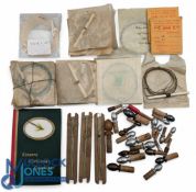 Period Fishing Tackle - line and hooks, nylon cast /leader, hooks on draw cut line winders,