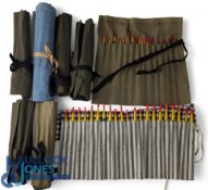 Collection of 8 cloth roll up float wallets, holding 15 Norfolk reed floats, 14 similar, 15 quill
