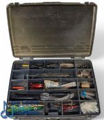 Plano Fishing Tackle Box, with assorted sea fishing tackle - large trebles, weights, lures, shot,