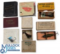 Rare Milward Bobbantizzy hook case, with contents, a Swan Works Angling Society members ticket,