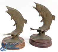 Pair of Brass Jumping Salmon on wooden plinth, 20cm tall (2)