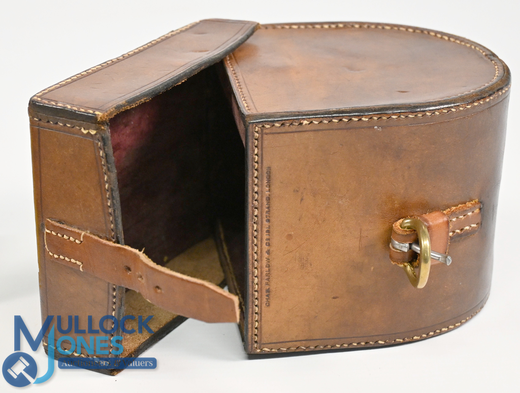Chris Farlow London 'D' shape block leather reel case 4" x 2 ¼", some re-stitching, new strap and - Image 2 of 2