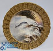 Fine Cauldon Painted Leaping Salmon White Bear River signed by signed J Birbeckson, 26 cm