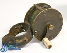 Early 19th century brass clamp winch fly reel with slight curved crank handle, three pillar