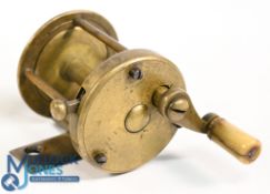 Interesting early brass multiplying reel, bone handle, rim locking pin, 1 ½