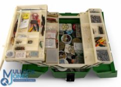 Cantilever Fishing Tackle Box with contents of lead shot, leader, lures, plugs, spinners, devons,
