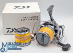 Daiwa Tournament Surf 5000QDA long cast reel, front drag, folding handle, little used, c/w spare