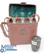 Knobleman Pewter Flasks in leather case, plus a set of 4 plated stirrup cups in leather case