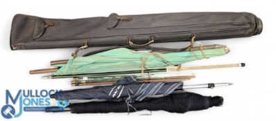 Period Fishing Rod Bag with contents of Efgeeco net handle and poles, a canvas period fishing