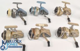 A collection of J W Young & Sons casting reels: 3 working okay, and 3 with faulty bails. All run