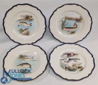 Set of four Royal Worcester plates, each with hand painted freshwater fish pattern with cobalt
