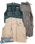 Two Fish Waist Coats and a Pair of Orvis Waterproof Trousers, waist coats with multi pockets by