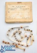 M Sweet (late Harry Powell) USK, Monmouthshire cardboard box containing #35 trout flies on paper