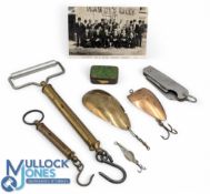 Assorted Vintage Ephemera - Hiram Wild Shefield pocket-knife, two brass Salter trout and salmon