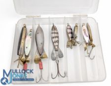 Fishing Tackle Box of 8 Lemax Lures, Swiss made mother of pearl and inlaid examples