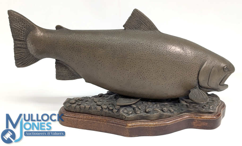 Resin Bronzed Effect large Salmon Model, on wooden base- size #28cm x 50cm - Image 2 of 2