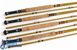 A collection of D Gibson Chester fibatube (Hardy?) trout fly rods, 8ft 2pc line 5/6#, down locking