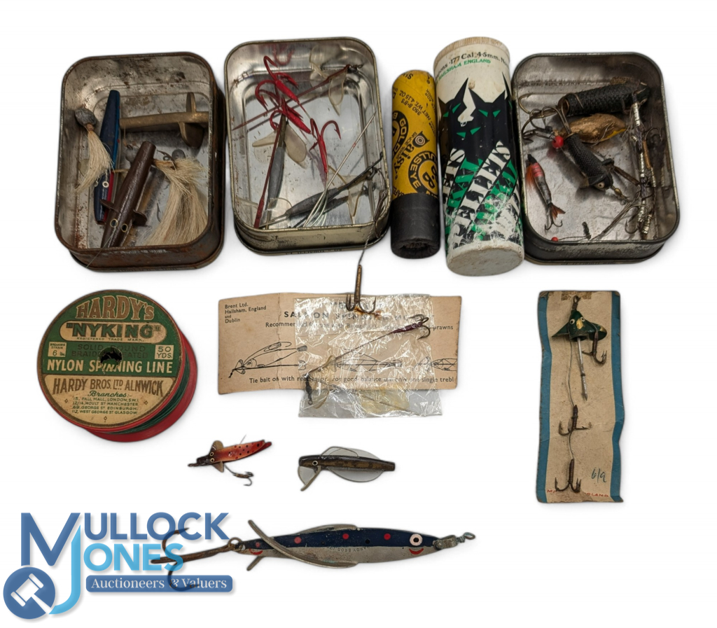 Period Fishing Tackle Ture Live Baits, to include a Hardys swimmer spoon 4", Hardy line, assorted