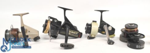Abu Cardinal 57 fixed spool reel with two spare spools, good bail, rear tensioner. In zip bag, light