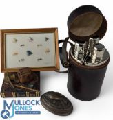 Fishing Ephemera - to include a Sporting Travelling set of triple glass bottles with white metal