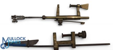 2x Antique Brass Period Fly Tying Vices, to include an unnamed Holtzapffel vice