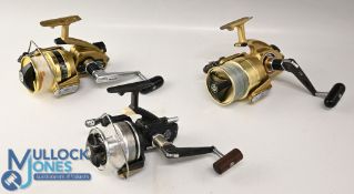 3x vintage Daiwa spinning reels, a Millionmax 9000, 3 bearing reel, gold finish, a GS-9M lacking