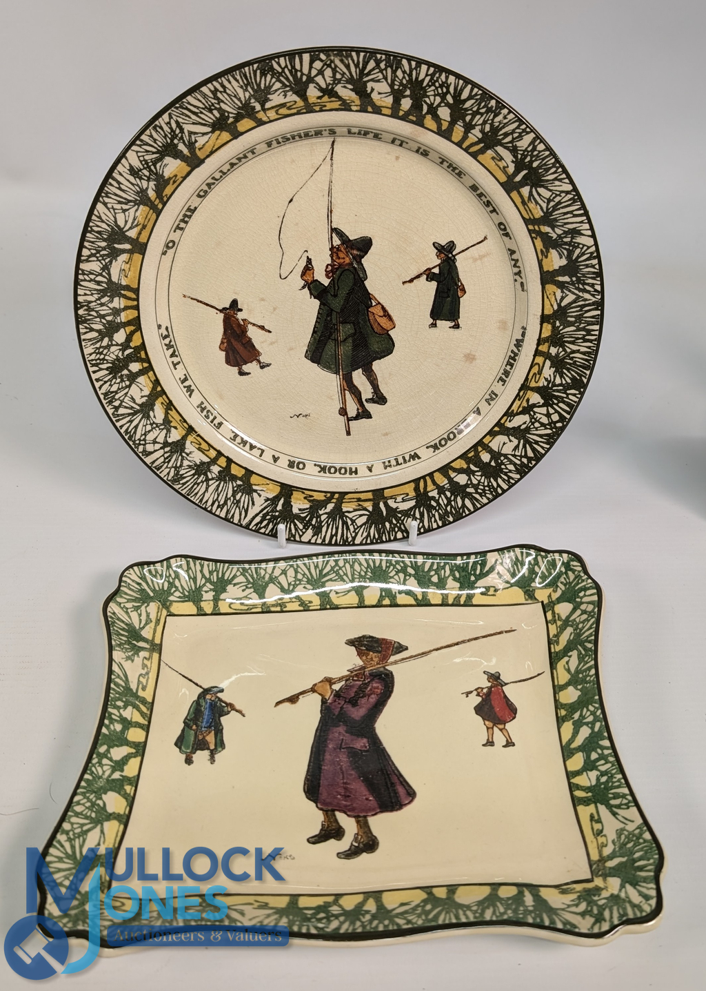 Royal Doulton Isaac Walton Ware, two plates 24cm and an oblong plate 22cm x 18cm painted angler