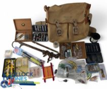 Barbour canvas/leather trout fishing bag, adjustable shoulder strap, brass extending gaff with