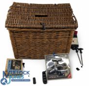 Wicker Fishing Seat Basket, in used condition having contents of Fox catapult, Syntka 300 match