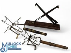 2x Vintage brass and wooden line driers with crank arms and a tabletop folding line drier with brass