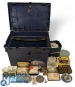 Plastic Fishing Tackle Seat Box, with a mixed collection of bait boxes, vintage tackle in old