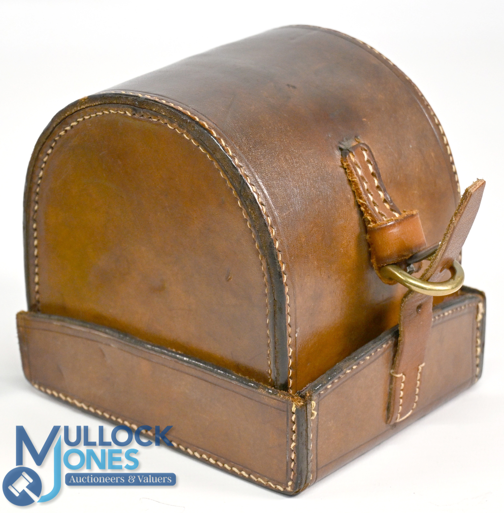Chris Farlow London 'D' shape block leather reel case 4" x 2 ¼", some re-stitching, new strap and