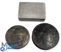 3x Period Fly Fishing Tins Cast Box, an early round Richard Wheatley lacquered brass box having a