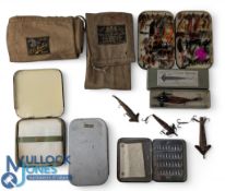 3x Brown's Phantom lures plus a similar Playfair example, Malloch of Perth black Japanned box filled