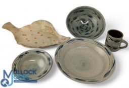 Fish Decorated Studio Pottery Mugs, Bowls, Dishes: the large fish plate has a repair to its tail (