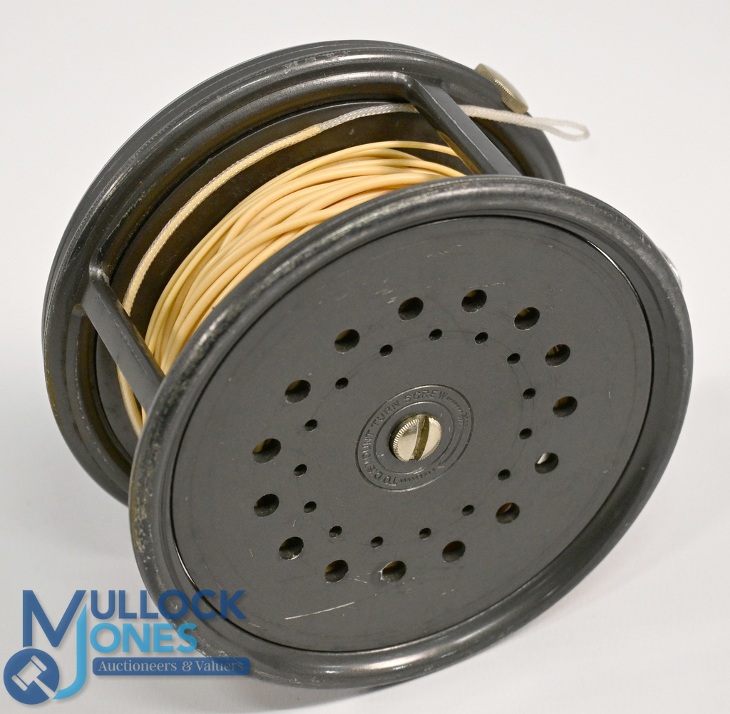 Hardy Bros "The Perfect" alloy salmon fly reel, 4 ¼" perforated wide spool, brown handle, milled rim - Image 2 of 2