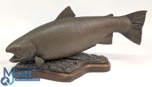 Resin Bronzed Effect large Salmon Model, on wooden base- size #28cm x 50cm