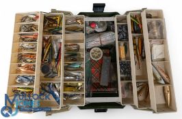 Cantilever Fishing Tackle box full of fishing lure, spinners, Tobby's, plugs, lead, line weights,