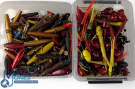 Large quantity of Flying C type lures, in various colours, most with hook mounts, and a box of Devon