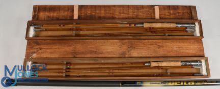 Interesting pair of boxed split cane combination fly/spin trout rods, 8ft 3pc with 2 spare tips,