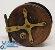 Early Coxon Aerial wooden starback reel with ebonite drum, twin crazed handles, 6 spoke with tension