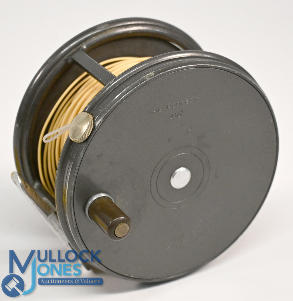 Hardy Bros "The Perfect" alloy salmon fly reel, 4 ¼" perforated wide spool, brown handle, milled rim