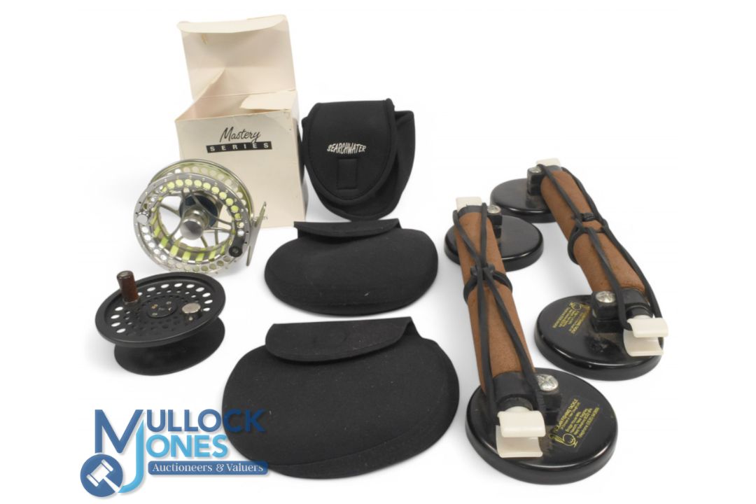 A collection of fishing equipment as follows: Shire alloy trout fly reel 7/8#, 3 ¾" spool, spindle