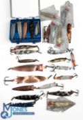 Tobby, Landa and similar Fishing Lures, assorted sizes plus a storage box