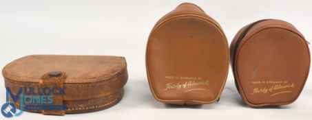 Hardy leather zip case, medium, a Hardy leather zip case, small, and an unnamed block leather case