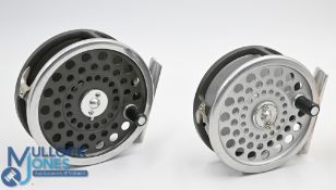 Pair of Hardy Marquis Silent Check alloy fly reels in sizes #5 and #6, both with U shaped line