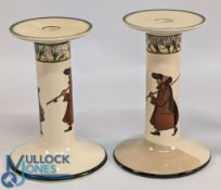 Royal Doulton Isaac Walton Ware unusual large candlesticks, painted angler scenes by Noke, almost
