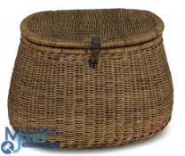 Early willow pot bellied fly fisher's creel with rattan bound lid and aperture, standing 9